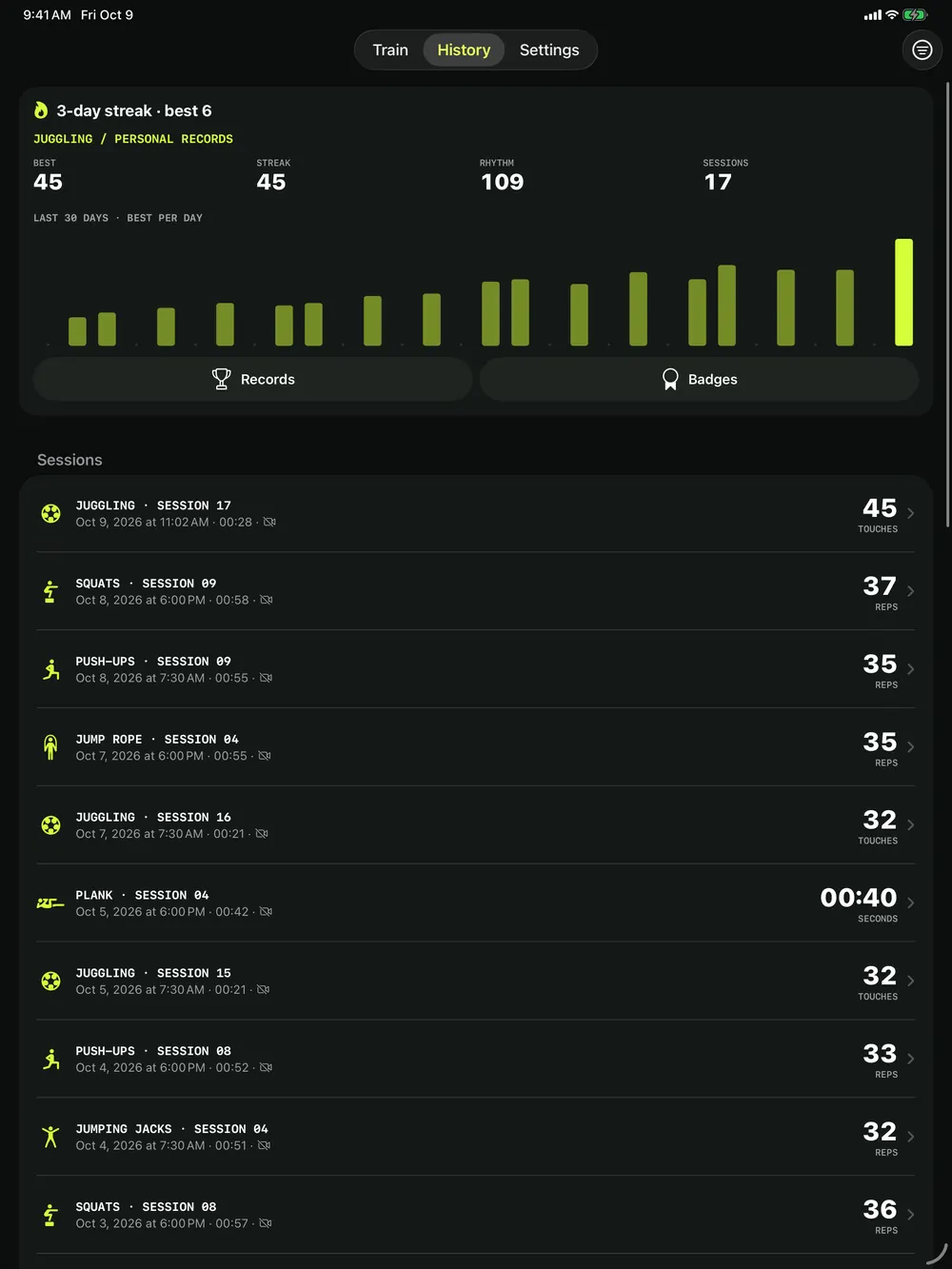 TouchTally History on iPad: Train, History and Settings tabs at the top, a wide header card with records and the 30-day chart, and a list of juggling, squat, push-up, jump rope, plank and jumping jacks sessions