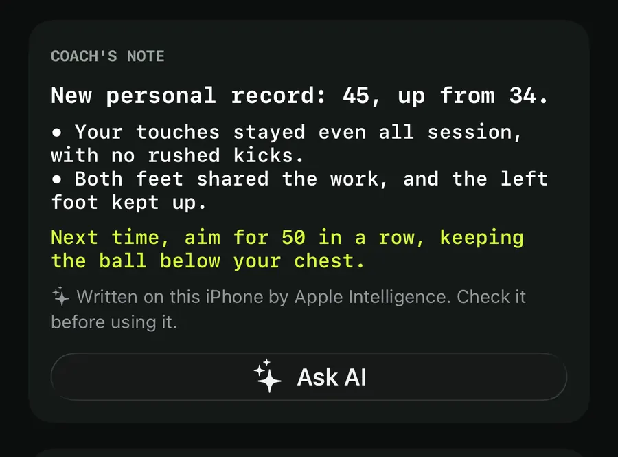 Coach's note card: New personal record 45, up from 34, two bullet points about even touches and both feet, a tip to aim for 50 in a row, and an Ask AI button