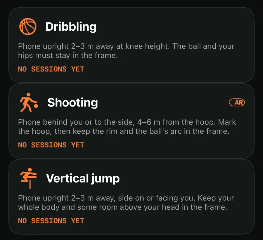 Basketball drill cards for Dribbling, Shooting with an AR tag, and Vertical jump, which reads Phone upright 2–3 m away, side on or facing you, with room above your head
