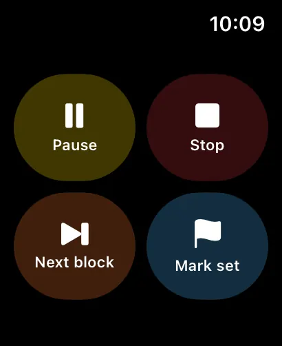 Apple Watch control screen with four buttons: Pause, Stop, Next block and Mark set
