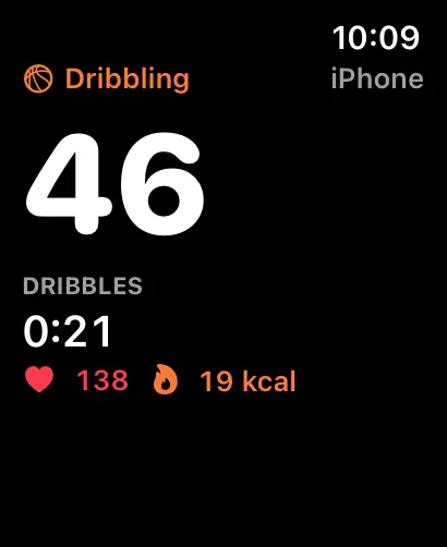 Apple Watch showing a Dribbling session from the iPhone at 46 dribbles, 0:21, a heart rate of 138 and 19 kcal