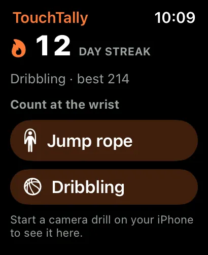 Apple Watch home screen showing 12 DAY STREAK, Dribbling · best 214, and Count at the wrist buttons for Jump rope and Dribbling
