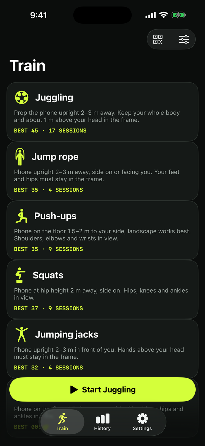The Train screen listing juggling, jump rope, push-ups, squats and jumping jacks, each with setup tips and a personal best